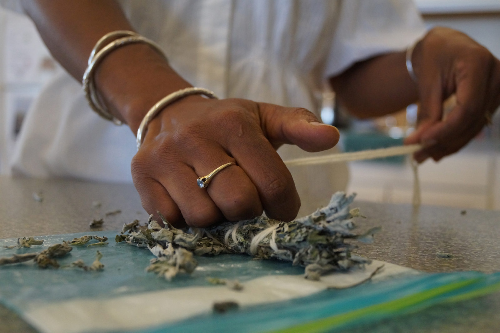 working with her hands